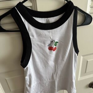 Cherry Embroidered Ribbed Cotton Tank Top - White & Black